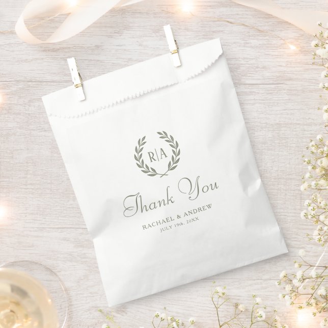 Bolsa De Papel Gracias Elegante Monograma Wreath Boda Green (Cortado)