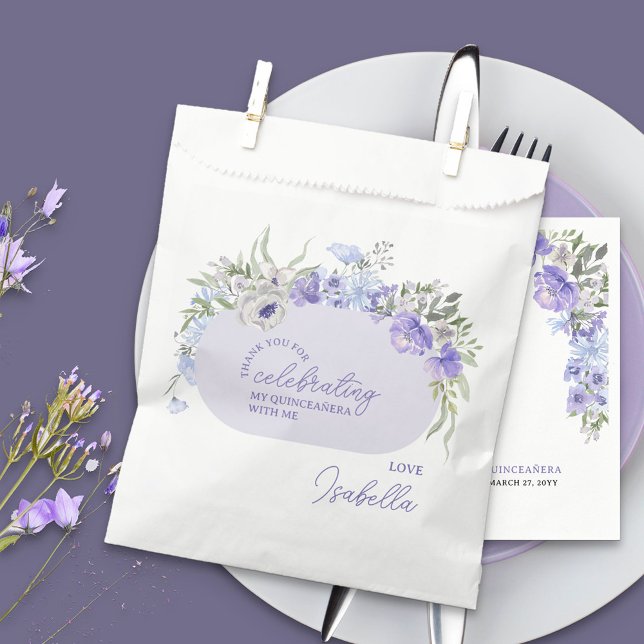 Bolsa De Papel Gracias por celebrar la floral Purple Peri (Thank you for celebrating, personalized favor bags with purple floral design)