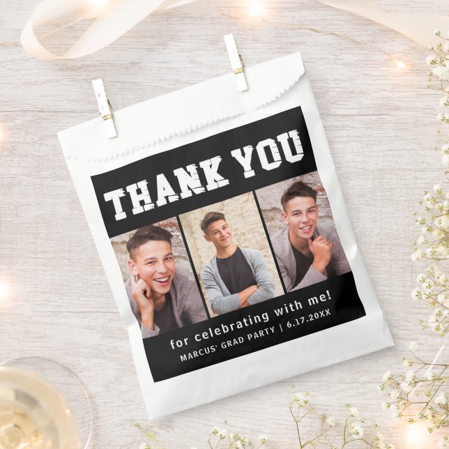Bolsa De Papel Graduación Negra 3 Foto Gracias (Cortado)