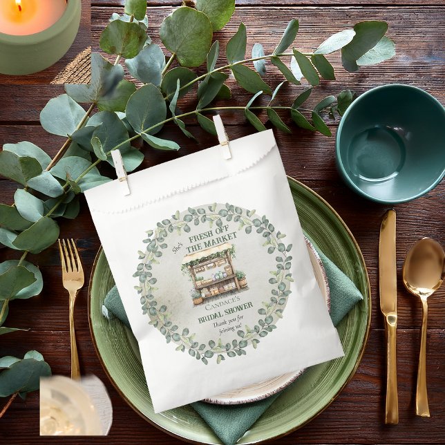 Bolsa De Papel Granja de Mercado Bienvenida a la Despedida de Sol ("She's Fresh Off the Market" Farm Stand and Eucalyptus Farmer's Market Bridal Shower Favor Bags)