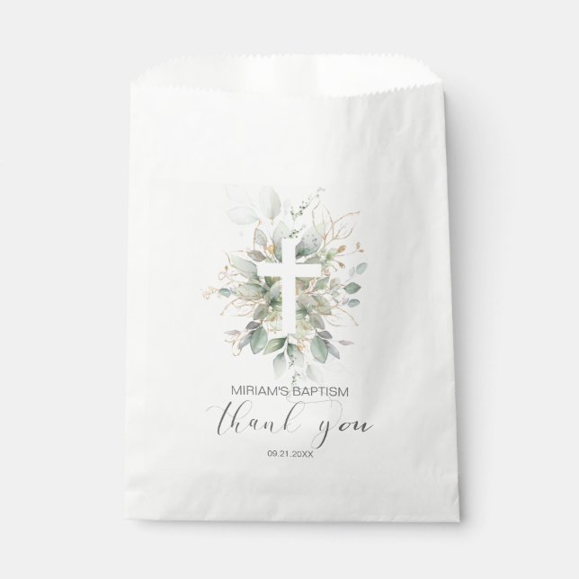 Bolsa De Papel Green Gold Foliage Cross Baptism Gracias (Anverso)