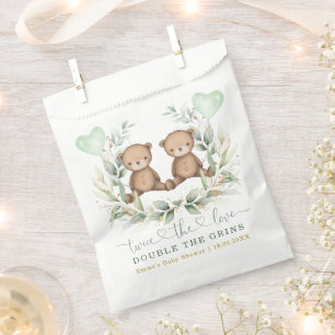 Bolsa De Papel Green Gold Twin Teddy Bear Balloon Baby Shower