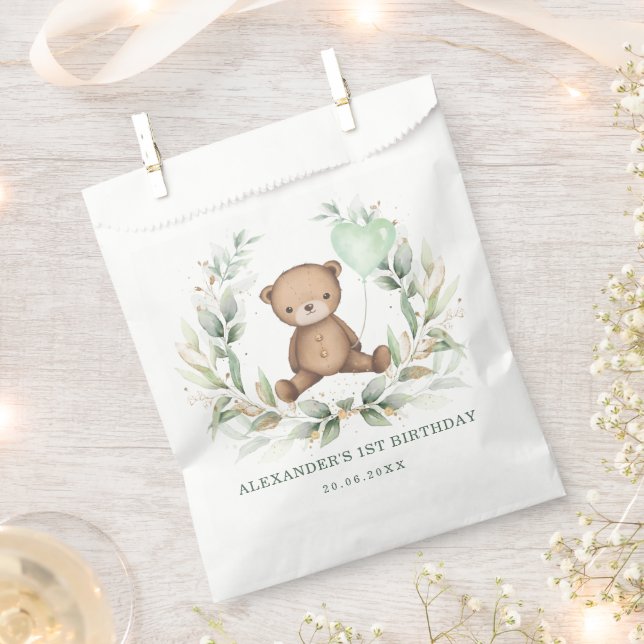 Bolsa De Papel Greenery Gold Teddy Bear Balloon Baby Shower Fiest (Cortado)