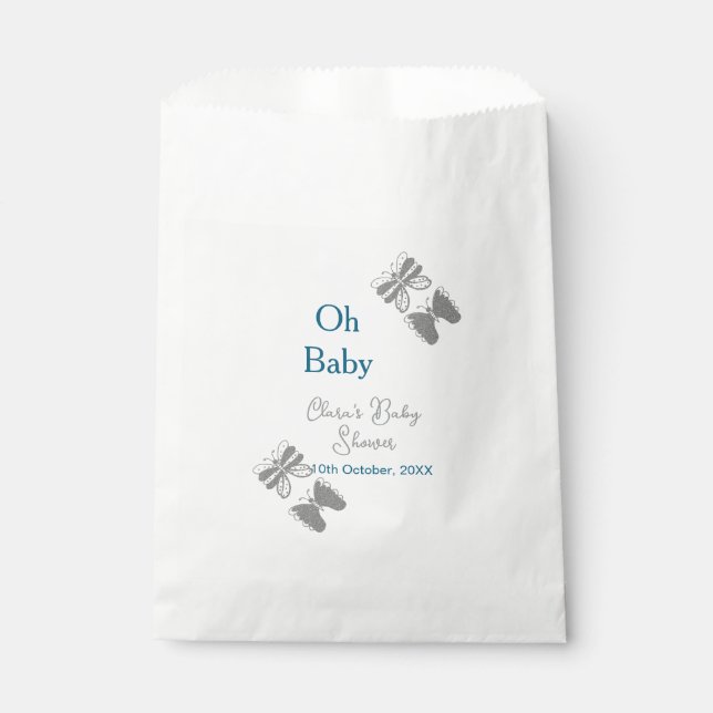Bolsa De Papel Gris mariposa azul bebé ducha oh bebé ext moderno (Anverso)
