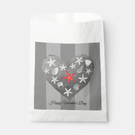 Bolsa De Papel Gris Stripe Tema Costero Seashell Starfish Corazón