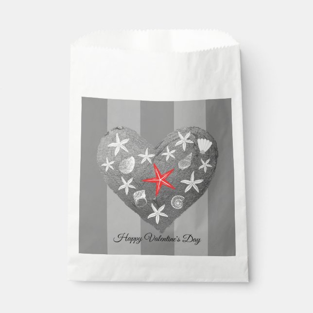 Bolsa De Papel Gris Stripe Tema Costero Seashell Starfish Corazón (Anverso)