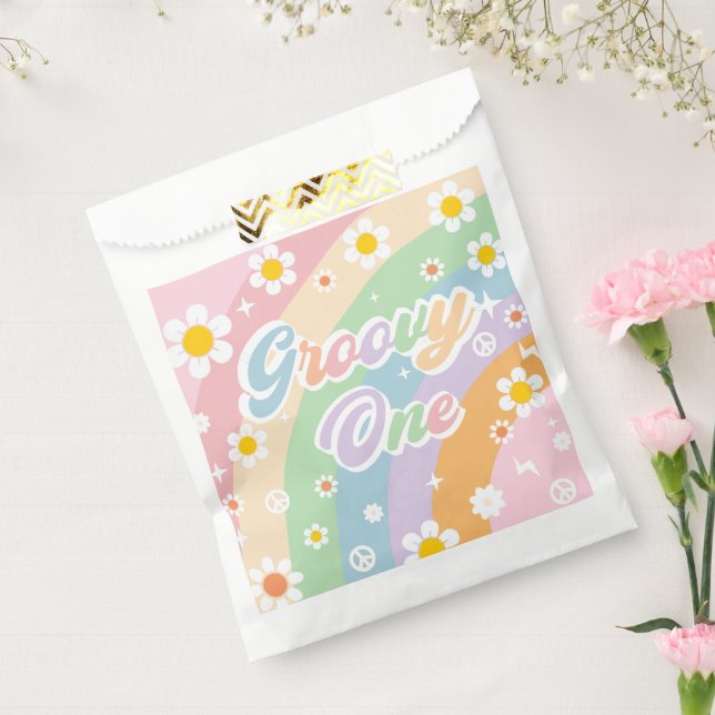 Bolsa De Papel Groovy Rainbow Retro Daisy Birthday Party (Sellado)