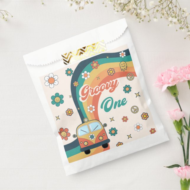 Bolsa De Papel Groovy Retro Rainbow Daisy Fiesta de cumpleaños (Sellado)