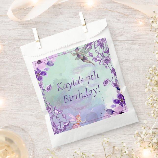 Bolsa De Papel Hada 7 cumpleaños acuarela Morado Monograma Nombre (Cortado)