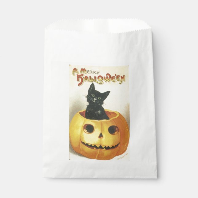 Bolsa De Papel Halloween a la vieja usanza, gato negro en calabaz (Anverso)