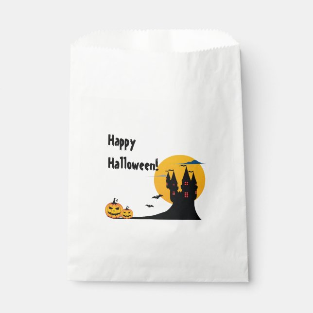 Bolsa De Papel Halloween - Castillo, luna llena, murciélagos y ca (Anverso)