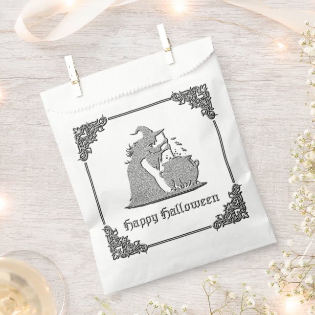 Bolsa De Papel Halloween de Brujas y Calderones Plateados (Cortado)