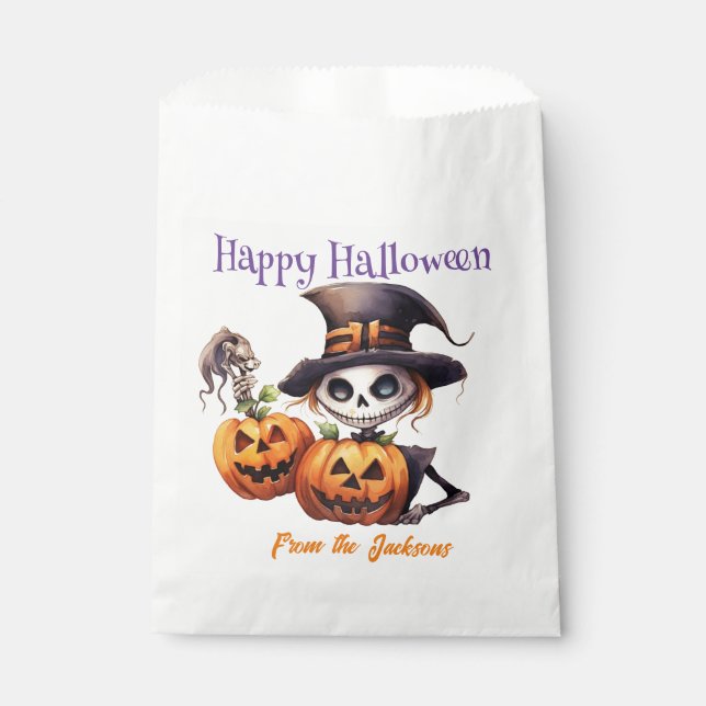 Bolsa De Papel Halloween feliz personalizado | SKELETON Y PUMPKIN (Anverso)