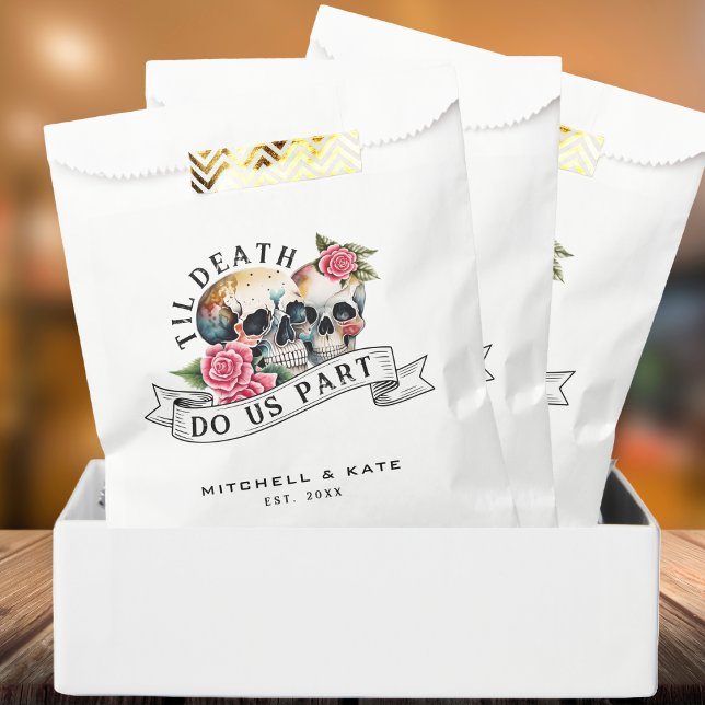Bolsa De Papel Hasta la muerte nos separan calaveras y Rosas Boda (Til Death Do Us Part Skulls & Roses White Wedding Favor Bag)