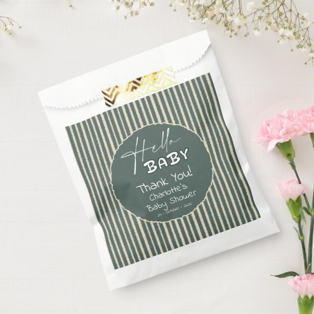 Bolsa De Papel Hello Baby Dark Green Stripes Baby Shower (Sellado)
