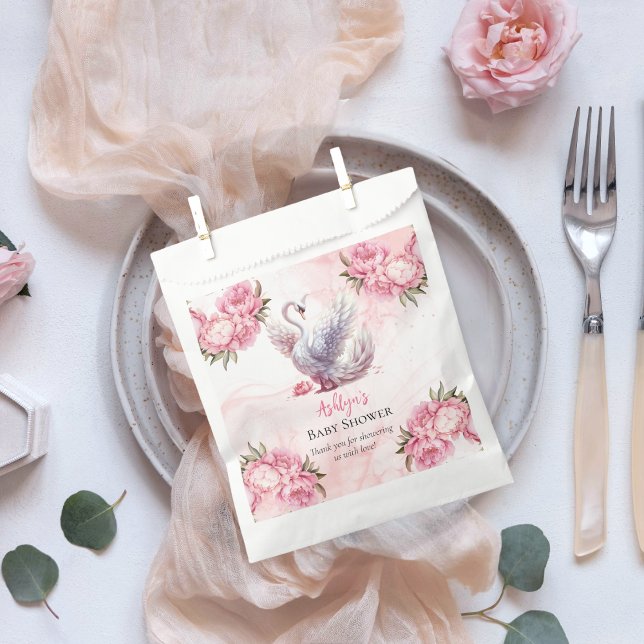 Bolsa De Papel Hermoso Chica floral rosa de cisne Baby Shower (Beautiful Swan Pink Floral Peonies Girl Baby Shower Favor Bags)
