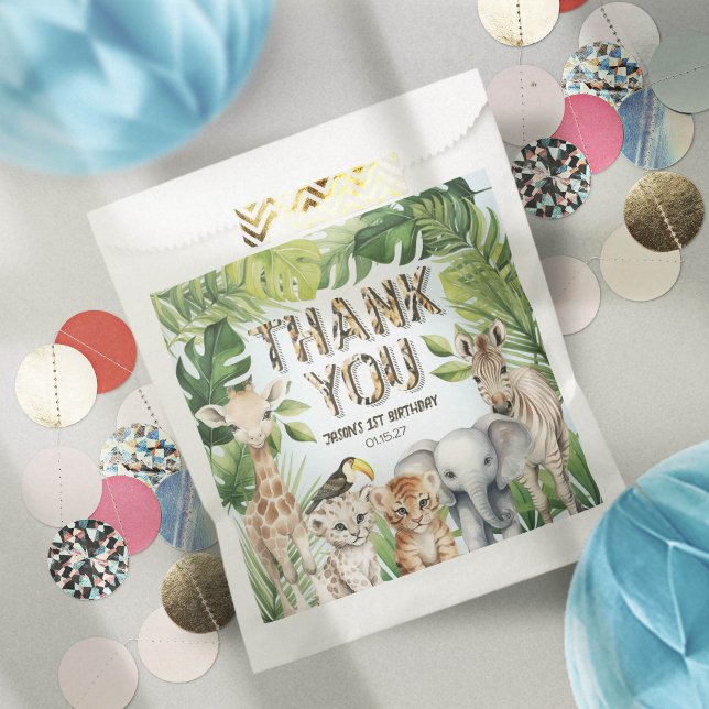 Bolsa De Papel Hojas tropicales acuáticas, safari de la jungla, z (Blue safari animals themed, WIld one boy 1st birthday  favor bags)