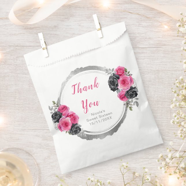 Bolsa De Papel Hot Pink and Silver Elegant Flowers Sweet Sixteen (Cortado)