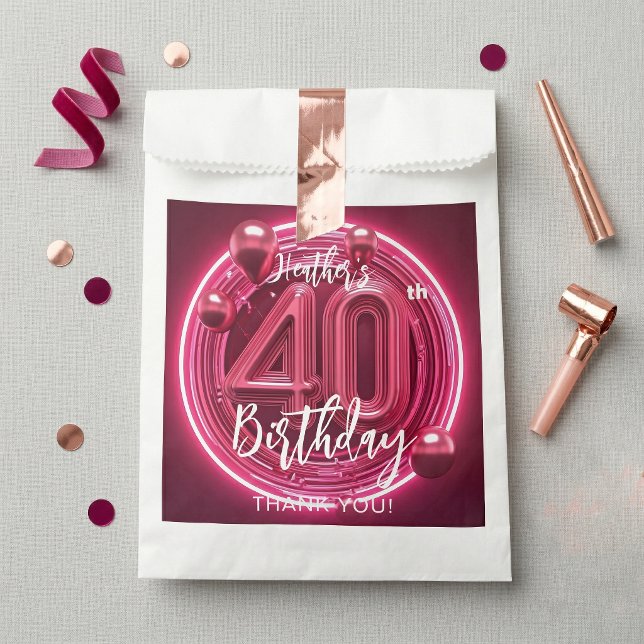 Bolsa De Papel Hot Pink Neon Glam 40th Birthday Metallic Balloons (Subido por el creador)