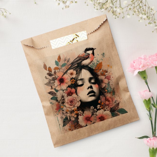 Bolsa De Papel Ilustración encantadora de mujer y pájaro con flor (Sellado)