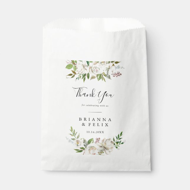 Bolsa De Papel Invierno Blanco Peony Floral Gracias Boda (Anverso)