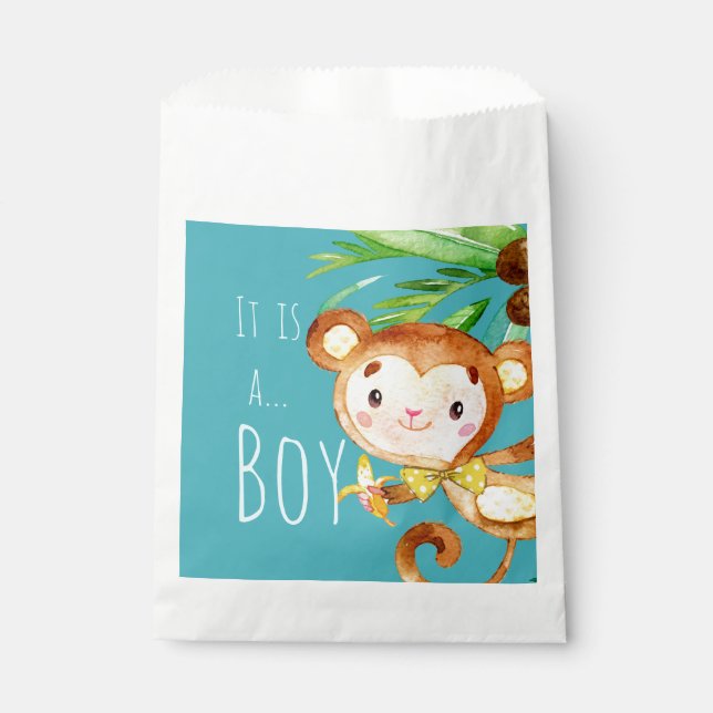 Bolsa De Papel Invitación Blue Cute Monkey Baby Boy (Anverso)