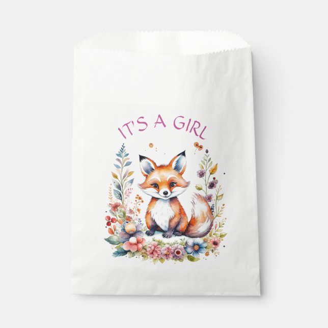 Bolsa De Papel It's a Girl | Baby Fox y Flowers Baby Shower (Anverso)