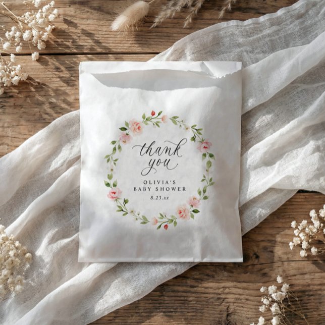 Bolsa De Papel Jardín floral de acuarela rosa en flor Baby Shower (Baby shower favor bags with pink watercolor flowers and botanical garden design)