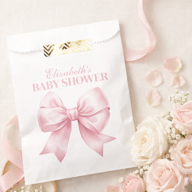 Bolsa De Papel Lazo Rosa para Bebe Niña Elegante Baby Shower (Pink Bow Baby Girl Elegant Baby Shower Favor Bag)