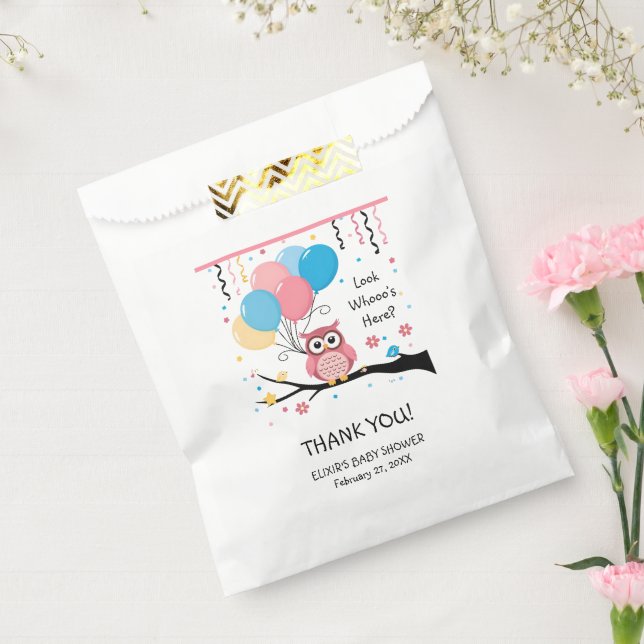 Bolsa De Papel Lechuza rosa con globos y Baby Shower de Confetti (Sellado)