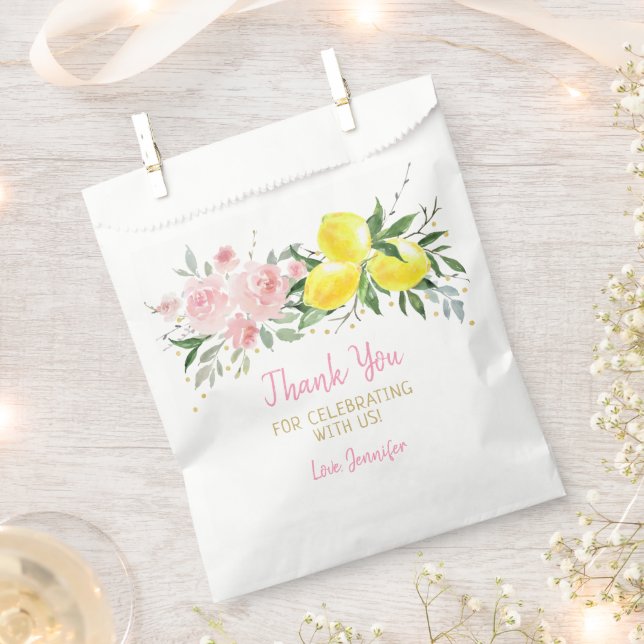 Bolsa De Papel Lemon Citrus Pink Floral Bridal Shower (Cortado)
