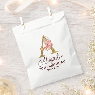 Bolsa De Papel Letra A Monograma Dorado Rosas Rosa Claro