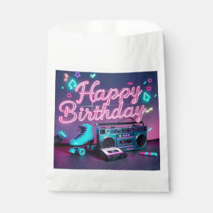 Bolsa De Papel Letrero retro neón de Feliz Cumpleaños en rosa y v