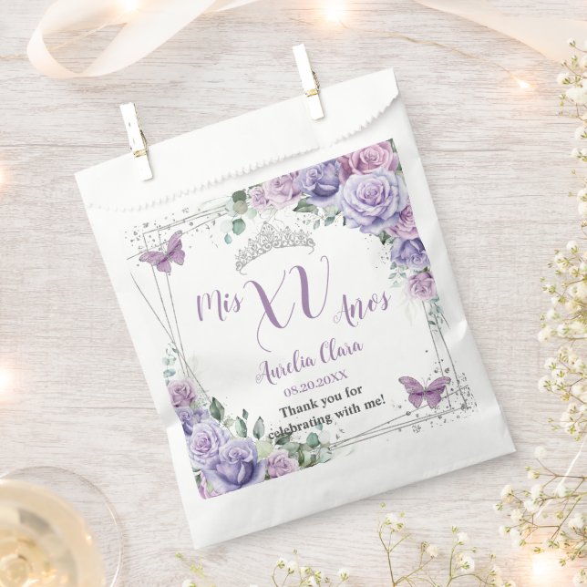 Bolsa De Papel Lila Purpura Floral Mariposas Quinceañera (Cortado)