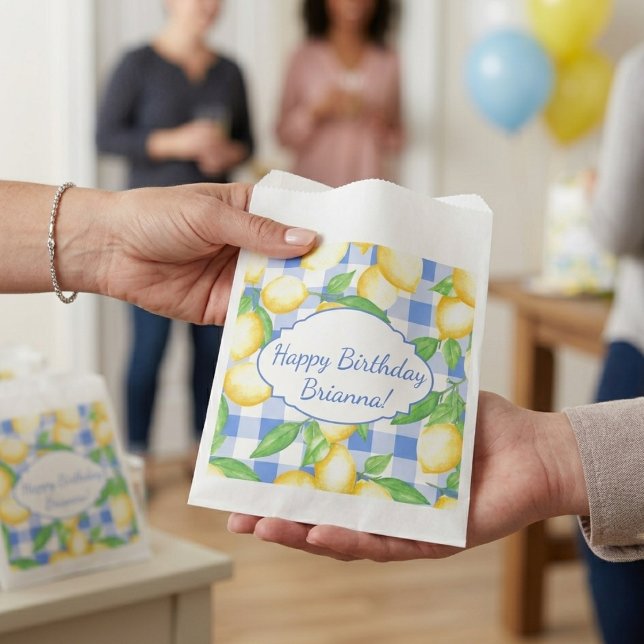 Bolsa De Papel Limón Azul Blanco Gingham Personalizado (Subido por el creador)