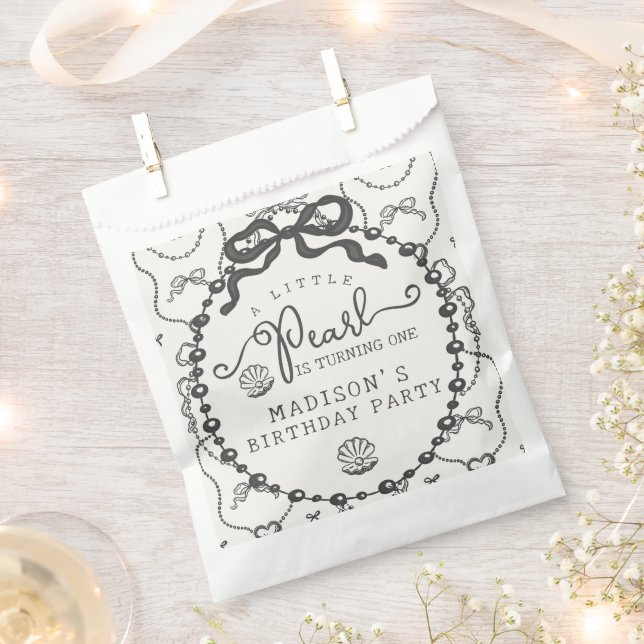Bolsa De Papel Little Pearl Black Coquette Bow Birday Party (Cortado)