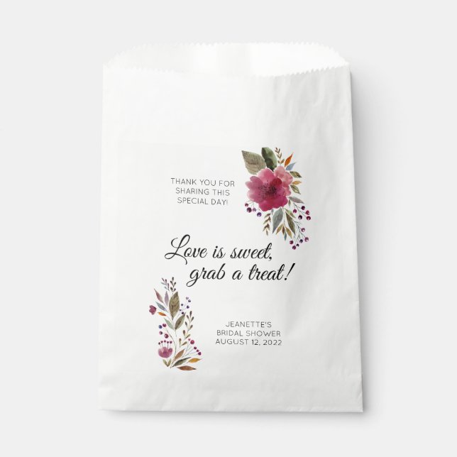 Bolsa De Papel Love Is Sweet Treat Burgundy Floral Bridal Shower (Anverso)