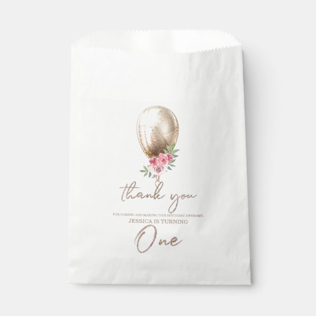 Bolsa De Papel Lujo Gracias Purpurina de globos Primer cumpleaños (Anverso)