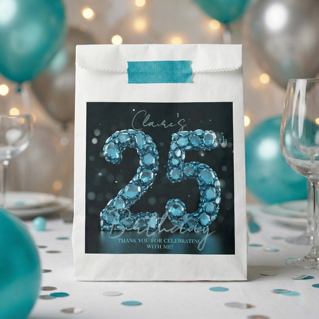 Bolsa De Papel Luxury Glam Teal Blue 3D Bubble Gems 25th Birthday (Subido por el creador)