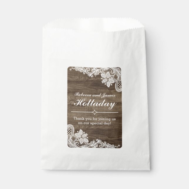 Bolsa De Papel Madera Rústica y Encaje Antiguo Boda Personalizada (Anverso)