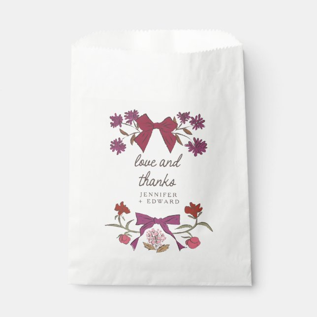 Bolsa De Papel Magenta Bows y Flores Boda Boho (Anverso)