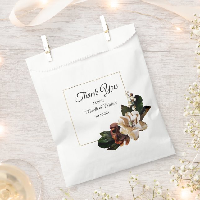 Bolsa De Papel Magnolia Gold y Floral Negra Gracias (Cortado)