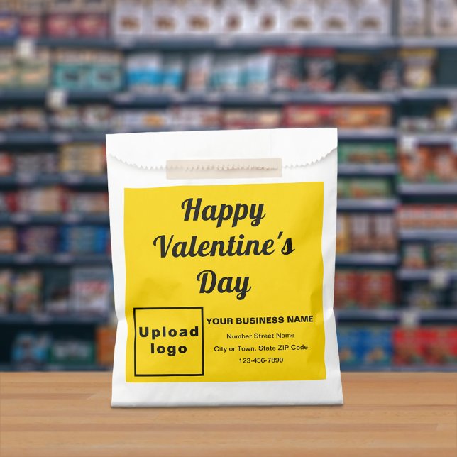 Bolsa De Papel Marca comercial amarilla; Valentina; bolsa de pape (Yellow business brand with Valentine greeting on paper bag.)