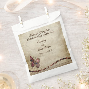 Bolsa De Papel Mariposa espumosa, encaje, Boda de pergamino antig