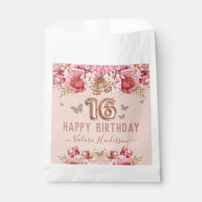 Bolsa De Papel Mariposas Florales Rosa Felices 16 cumpleaños (Anverso)