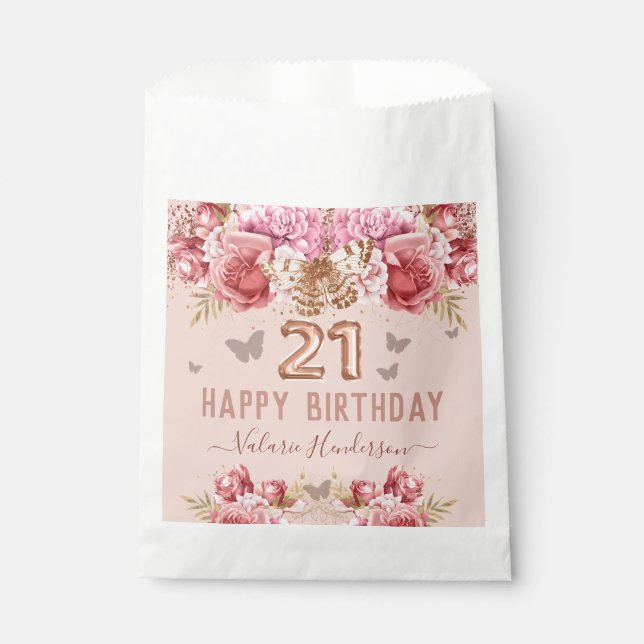 Bolsa De Papel Mariposas Florales Rosa Feliz cumpleaños número 21 (Anverso)