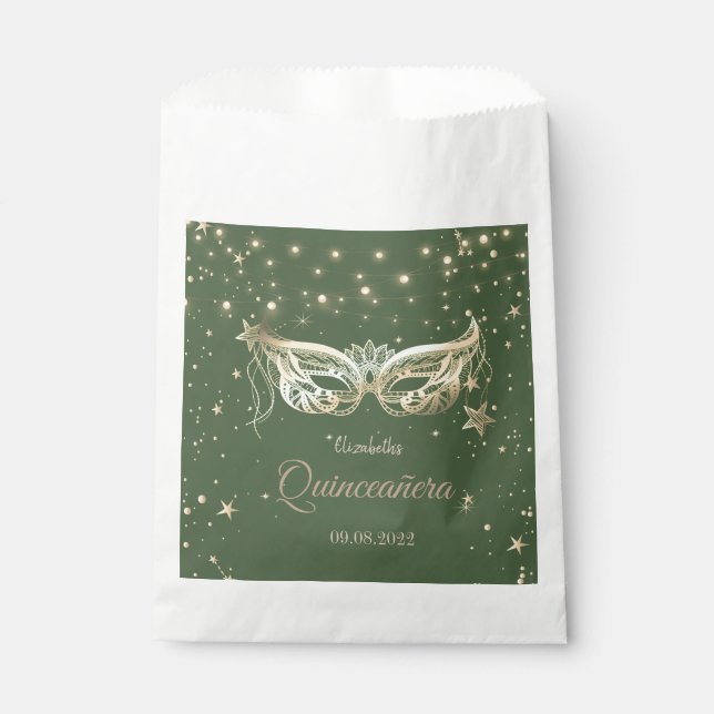 Bolsa De Papel Mascarada, estrellas verdes Quinceañera (Anverso)
