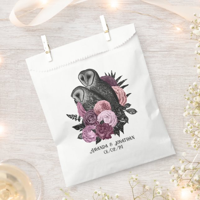 Bolsa De Papel Mauve Floral Glam Gothic Owls Boda (Cortado)