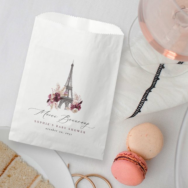 Bolsa De Papel Merci Beaucoup Burgundy Floral Paris Baby Shower (Subido por el creador)