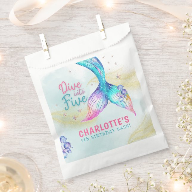 Bolsa De Papel Mermaid Tail Glitter Dive into Five birthday (Cortado)